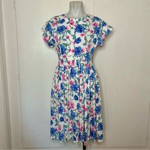 Vintage 90s White Blue Pink Floral Cotton Knit Jersey A Line Shirt Dress